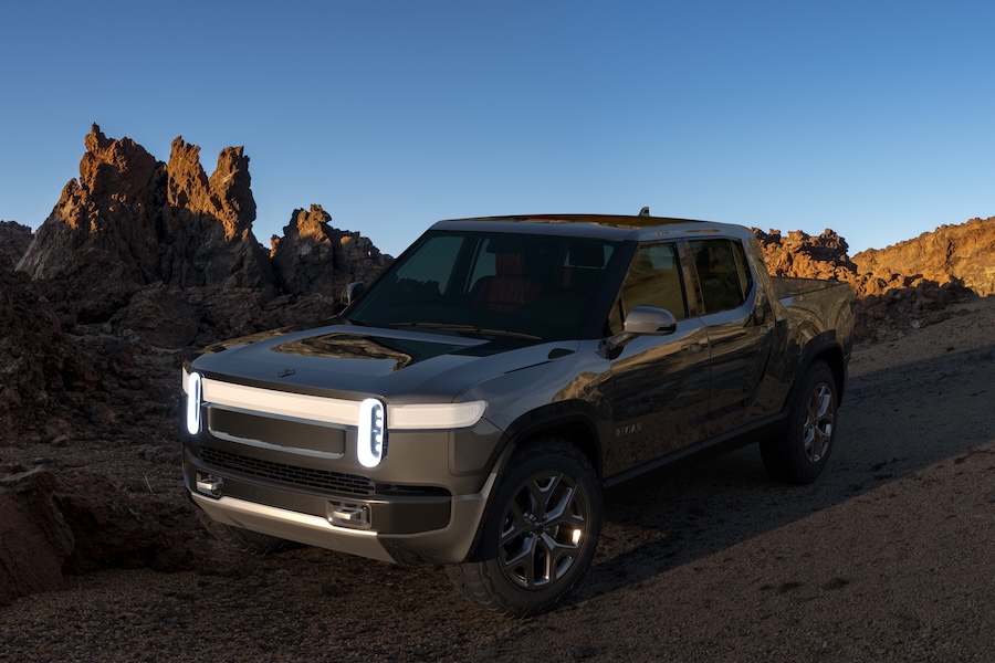 A Rivian R1T pickup, the model whose unipanel construction drove the $42,000 repair