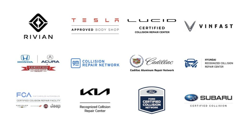Manufacturer collision certifications held by Tony's Body Shop including Rivian, Tesla, Lucid, VinFast, Honda, Acura, GM, Cadillac, Hyundai, FCA, Kia, Ford and Subaru